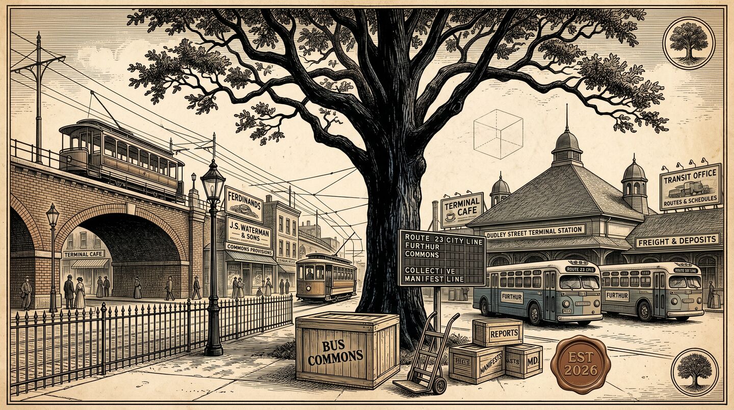 Vintage pen-and-ink engraving of a transit terminal: an oak tree beside a trolley viaduct and a domed terminal station, with buses and route signs, a wooden crate lettered BUS COMMONS, and a small wireframe cube in the sky. Est. 2026.